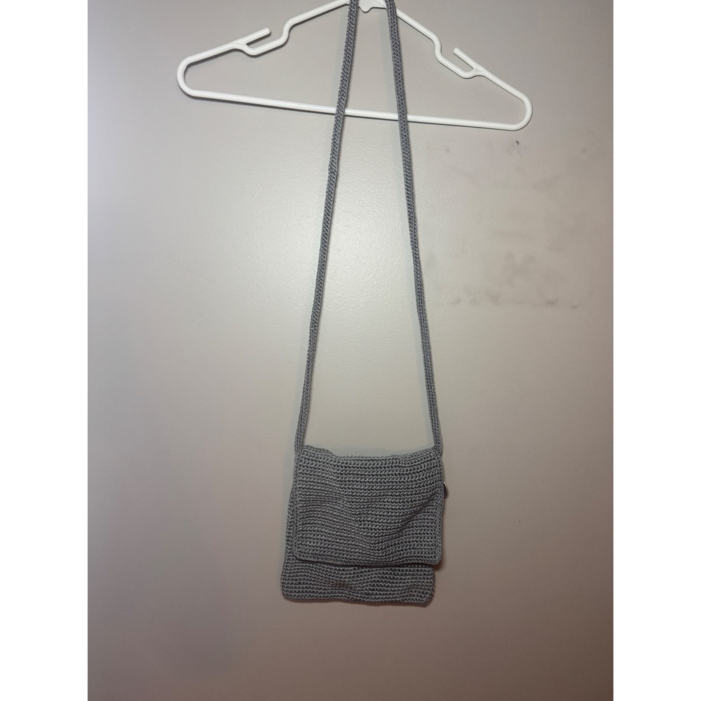 The Sak Silver Crochet Crossbody‎ Bag Flap Closure Metallic Logo Charm Grey